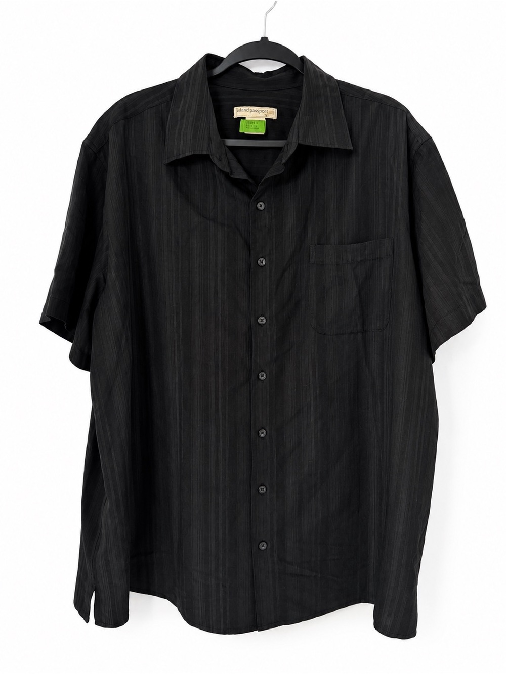 Island Passport Black Tonal Stripe Button Front Camp Shirt Men’s Rayon Blend 1XL